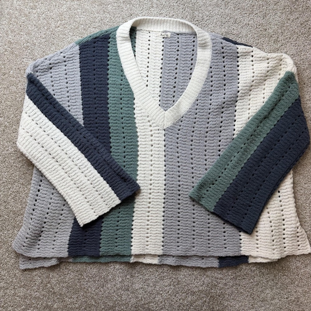 POL Sweater Womens Large Multicolor V Neck Striped Open-Knit Pullover Oversized